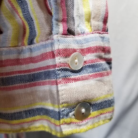 Elan Popover Top Large 100% Linen Striped Long Sleeve Split V Neck - Picture 8 of 10